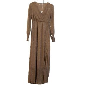 Angashion Long Sleeve Gold Shimmer Floor Length Dress Size‎ Small NWT